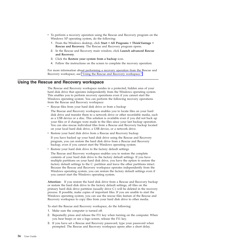 Using the rescue and recovery workspace | Lenovo 5023 User Manual | Page 64 / 94