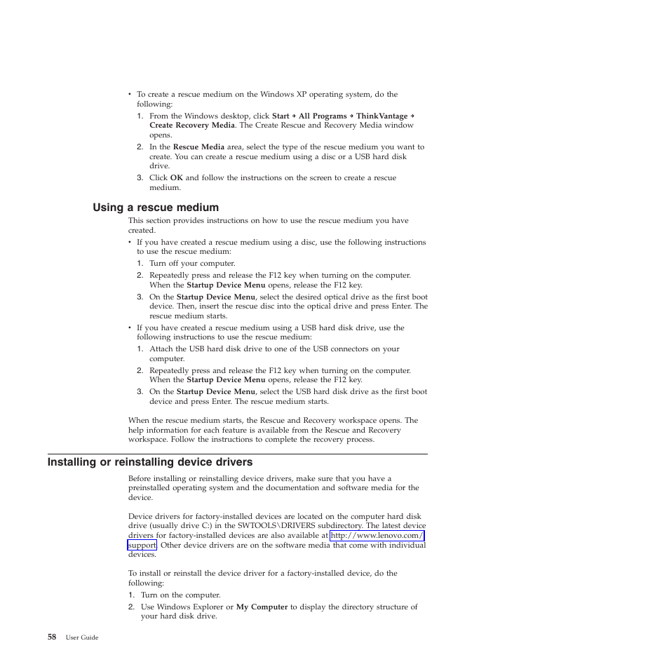 Using a rescue medium, Installing or reinstalling device drivers | Lenovo 5023 User Manual | Page 66 / 94