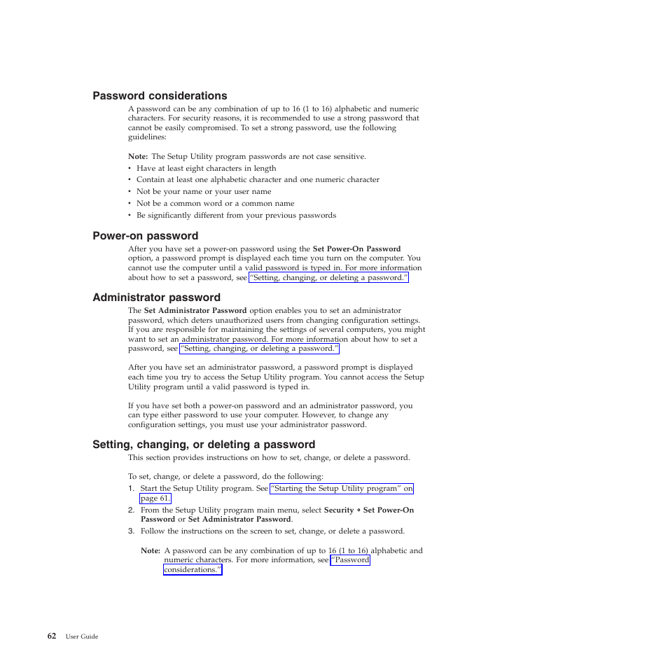 Password considerations, Power-on password, Administrator password | Setting, changing, or deleting a password | Lenovo 5023 User Manual | Page 70 / 94