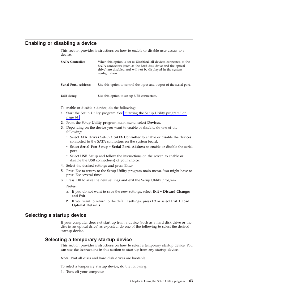 Enabling or disabling a device, Selecting a startup device, Selecting a temporary startup device | Lenovo 5023 User Manual | Page 71 / 94