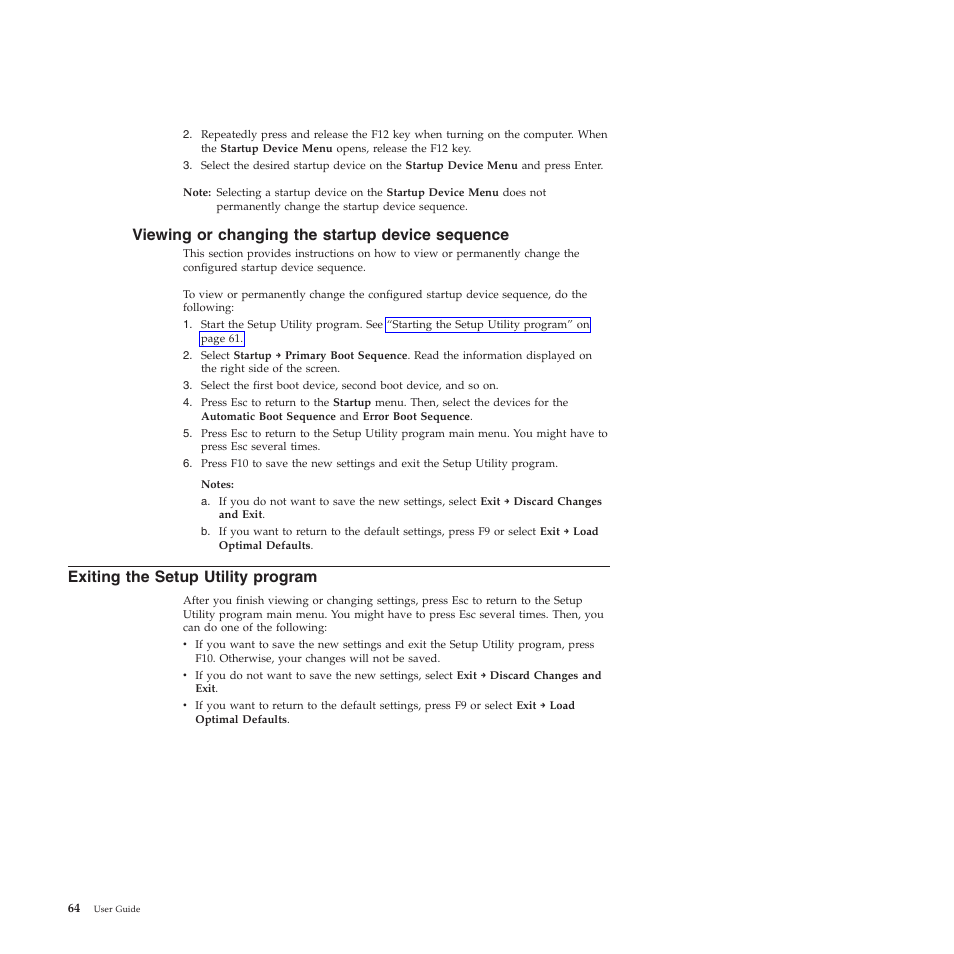 Viewing or changing the startup device sequence, Exiting the setup utility program, Viewing or changing the startup device sequence 64 | Lenovo 5023 User Manual | Page 72 / 94