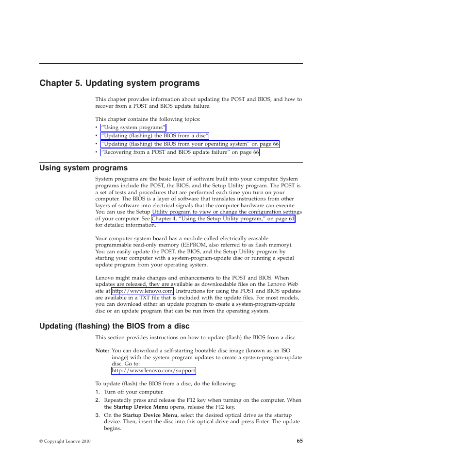 Chapter 5. updating system programs, Using system programs, Updating (flashing) the bios from a disc | Lenovo 5023 User Manual | Page 73 / 94