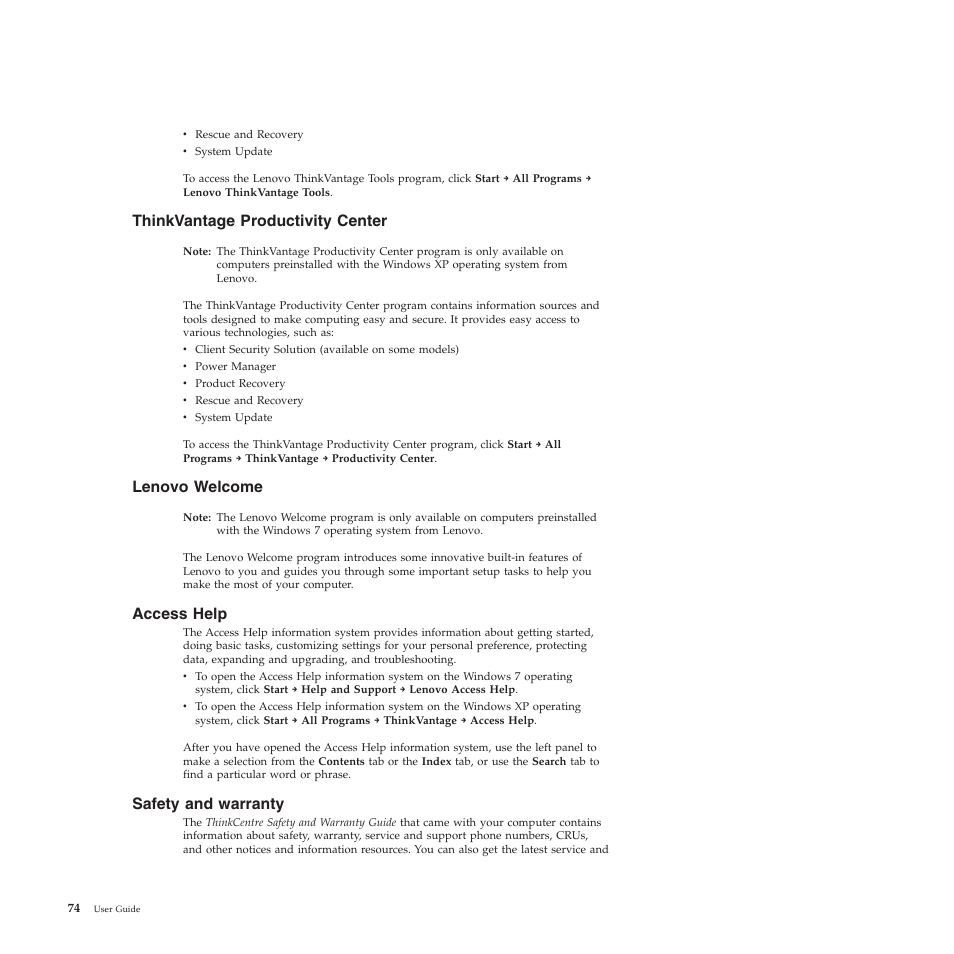 Thinkvantage productivity center, Lenovo welcome, Access help | Safety and warranty | Lenovo 5023 User Manual | Page 82 / 94