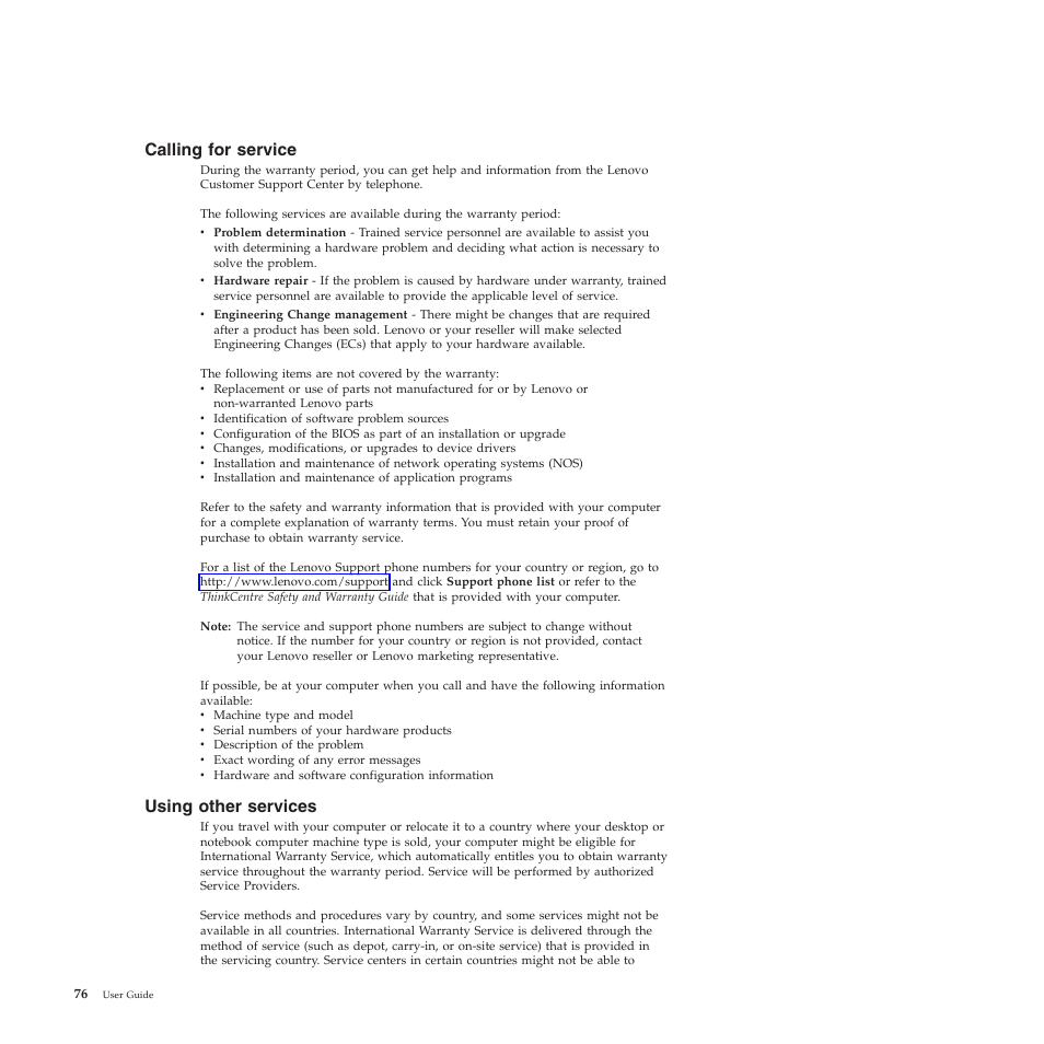 Calling for service, Using other services | Lenovo 5023 User Manual | Page 84 / 94