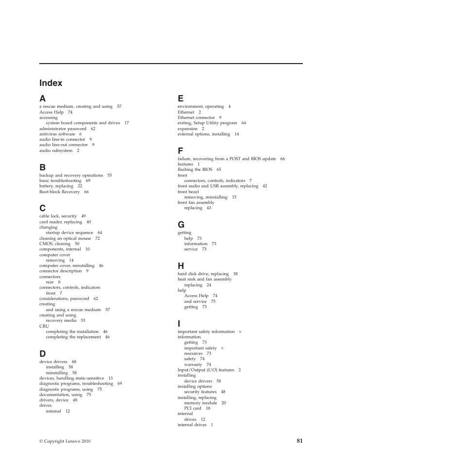 Index, Index a | Lenovo 5023 User Manual | Page 89 / 94