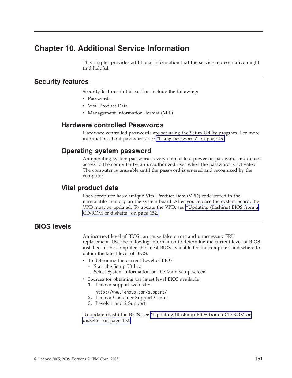 Chapter 10. additional service information, Security features, Hardware controlled passwords | Operating system password, Vital product data, Bios levels, Chapter, Additional, Service, Information | Lenovo THINKCENTRE 6396 User Manual | Page 157 / 164