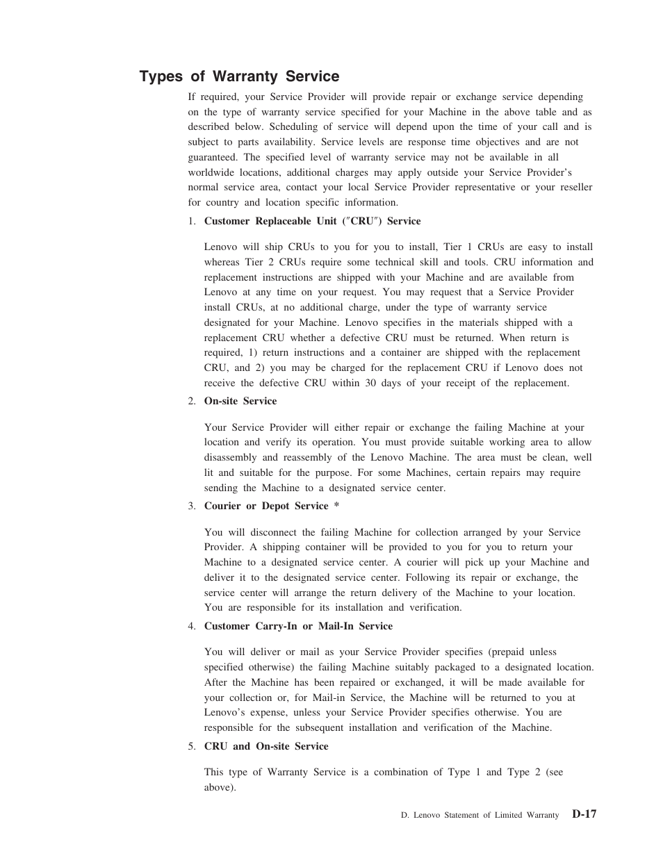 Types of warranty service, D-17 | Lenovo 40Y8637 User Manual | Page 65 / 78