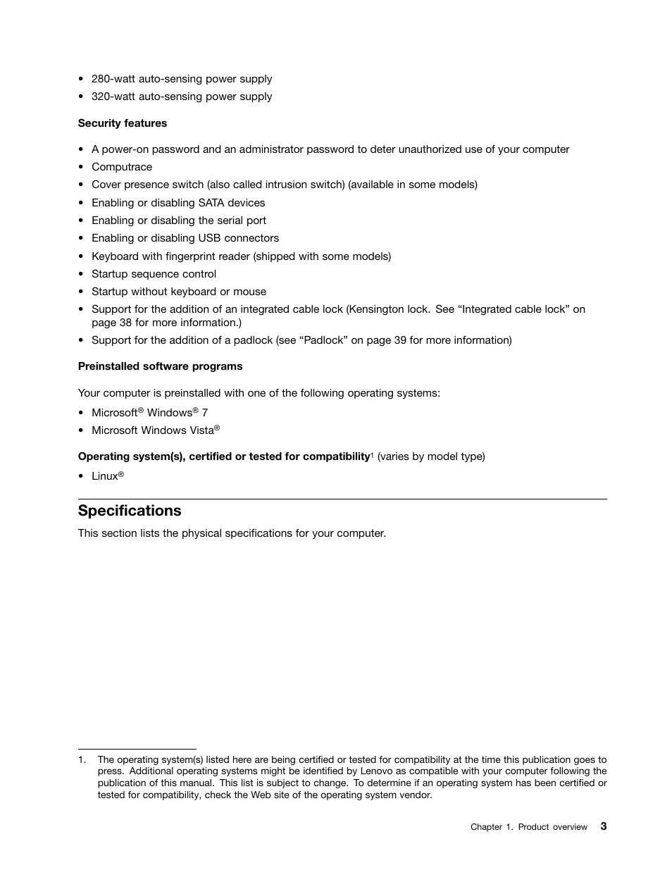 Specifications | Lenovo 4162 User Manual | Page 11 / 78