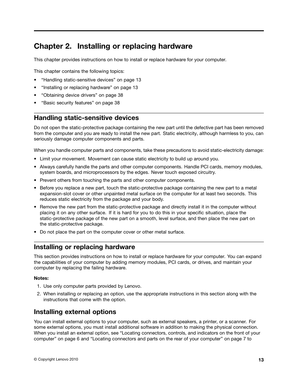 Chapter 2. installing or replacing hardware, Handling static-sensitive devices, Installing or replacing hardware | Installing external options | Lenovo 4162 User Manual | Page 21 / 78