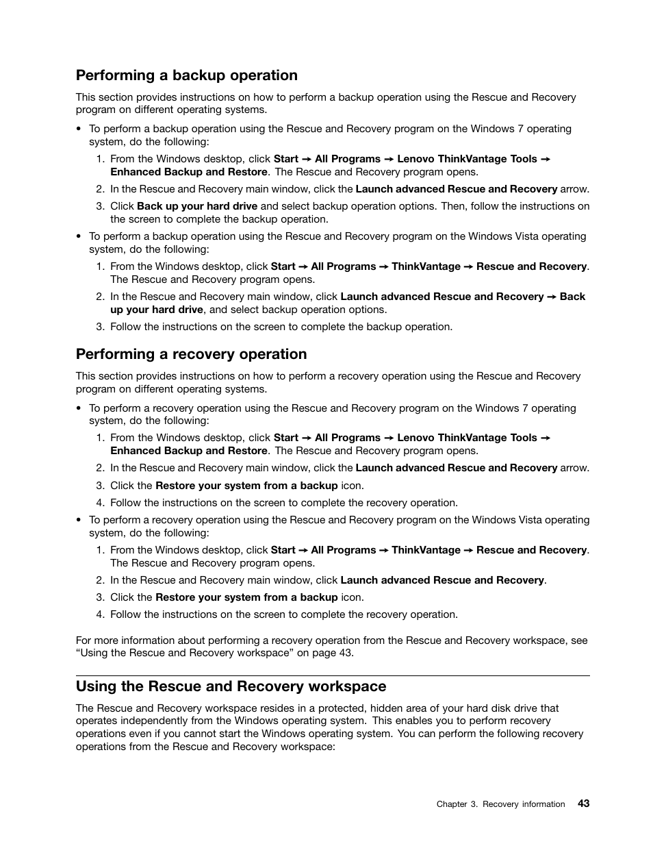 Performing a backup operation, Performing a recovery operation, Using the rescue and recovery workspace | Lenovo 4162 User Manual | Page 51 / 78