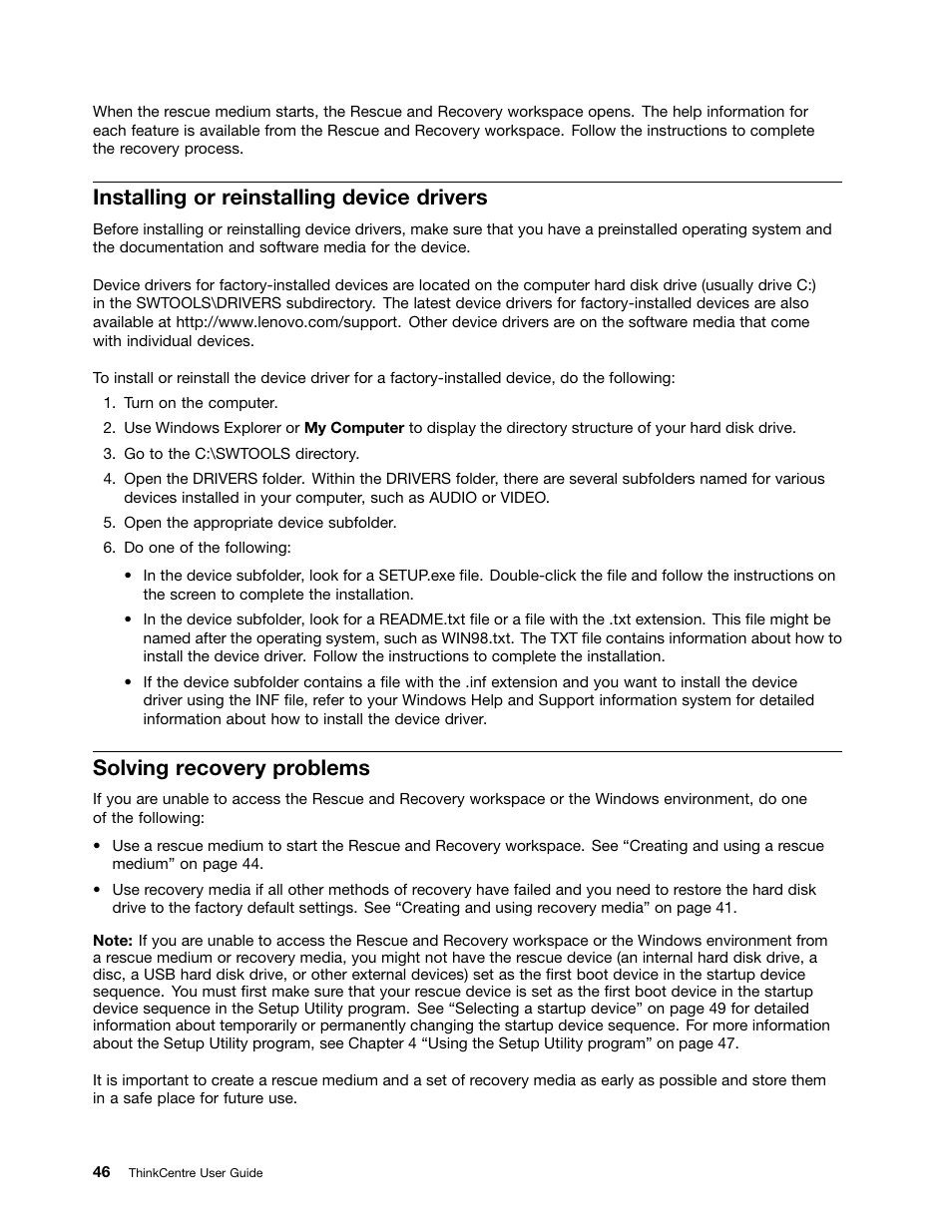 Installing or reinstalling device drivers, Solving recovery problems | Lenovo 4162 User Manual | Page 54 / 78