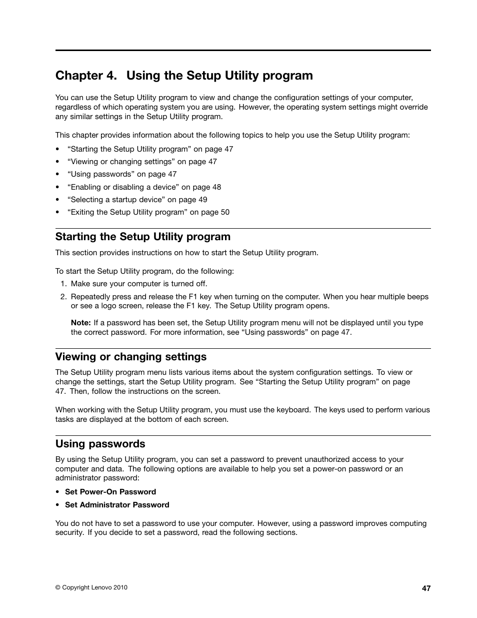 Chapter 4. using the setup utility program, Starting the setup utility program, Viewing or changing settings | Using passwords | Lenovo 4162 User Manual | Page 55 / 78
