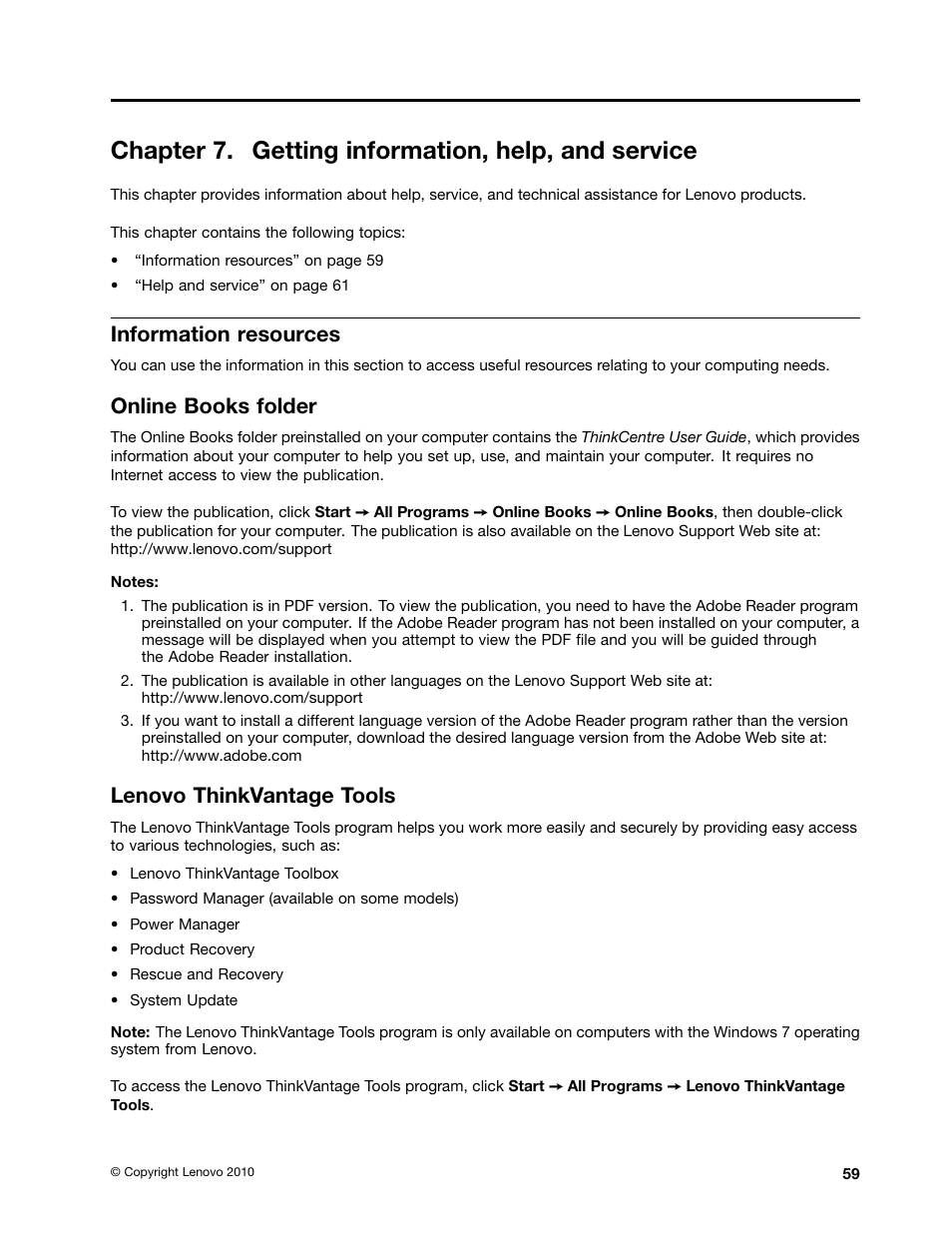 Chapter 7. getting information, help, and service, Information resources, Online books folder | Lenovo thinkvantage tools | Lenovo 4162 User Manual | Page 67 / 78