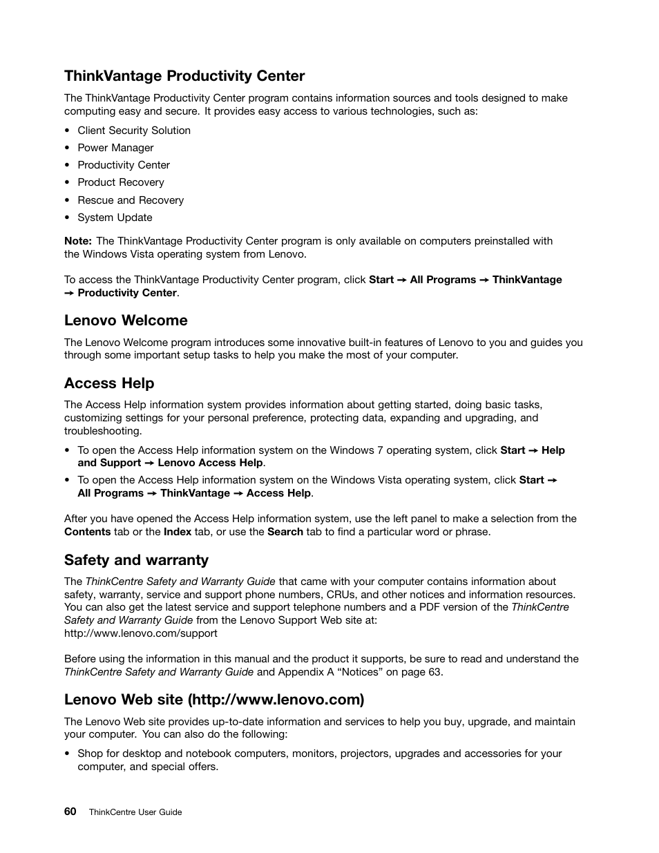 Thinkvantage productivity center, Lenovo welcome, Access help | Safety and warranty, Lenovo web site (http://www.lenovo.com) | Lenovo 4162 User Manual | Page 68 / 78