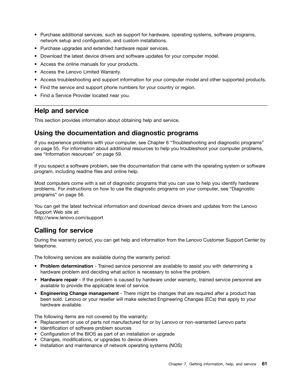 Help and service, Using the documentation and diagnostic programs, Calling for service | Lenovo 4162 User Manual | Page 69 / 78