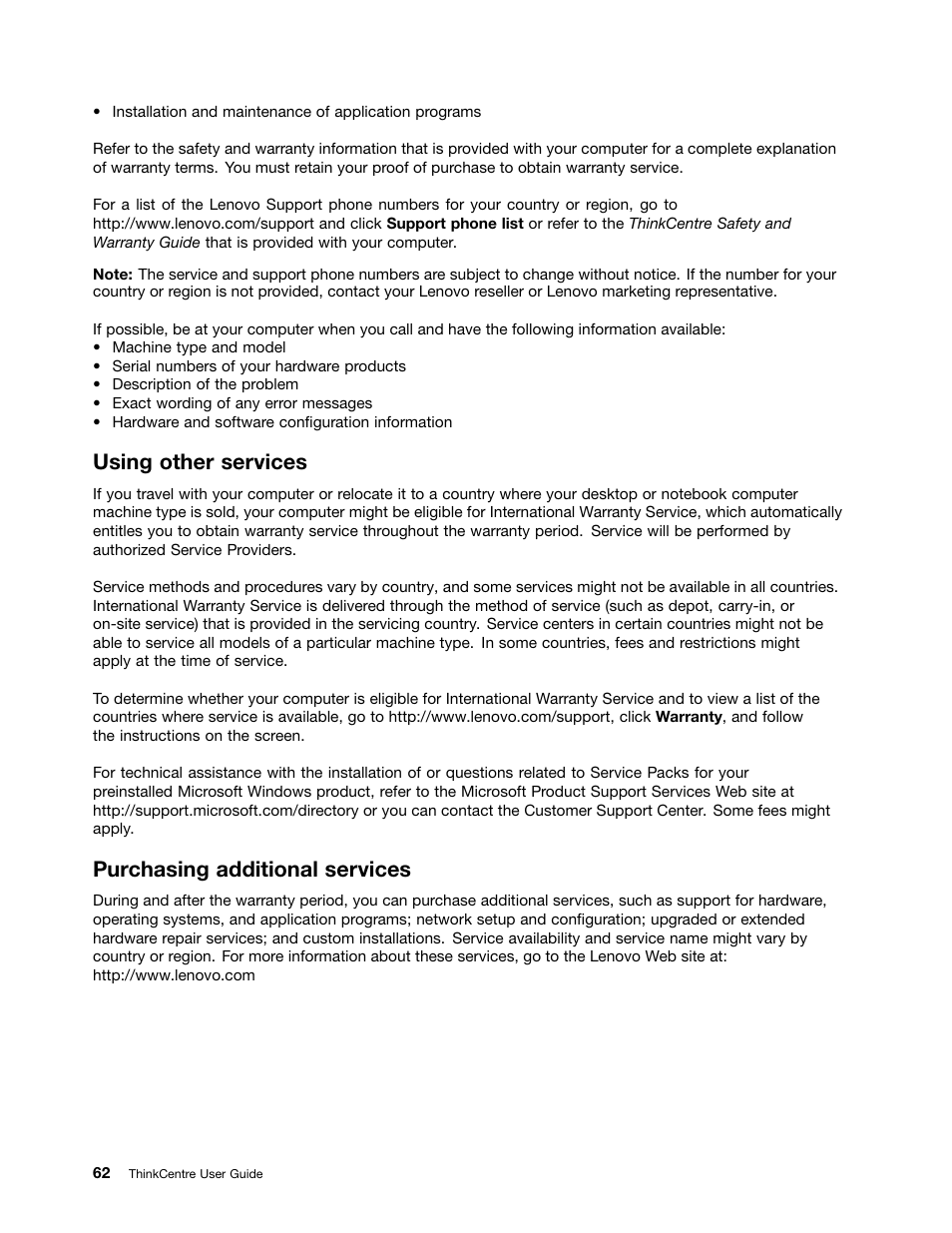 Using other services, Purchasing additional services | Lenovo 4162 User Manual | Page 70 / 78