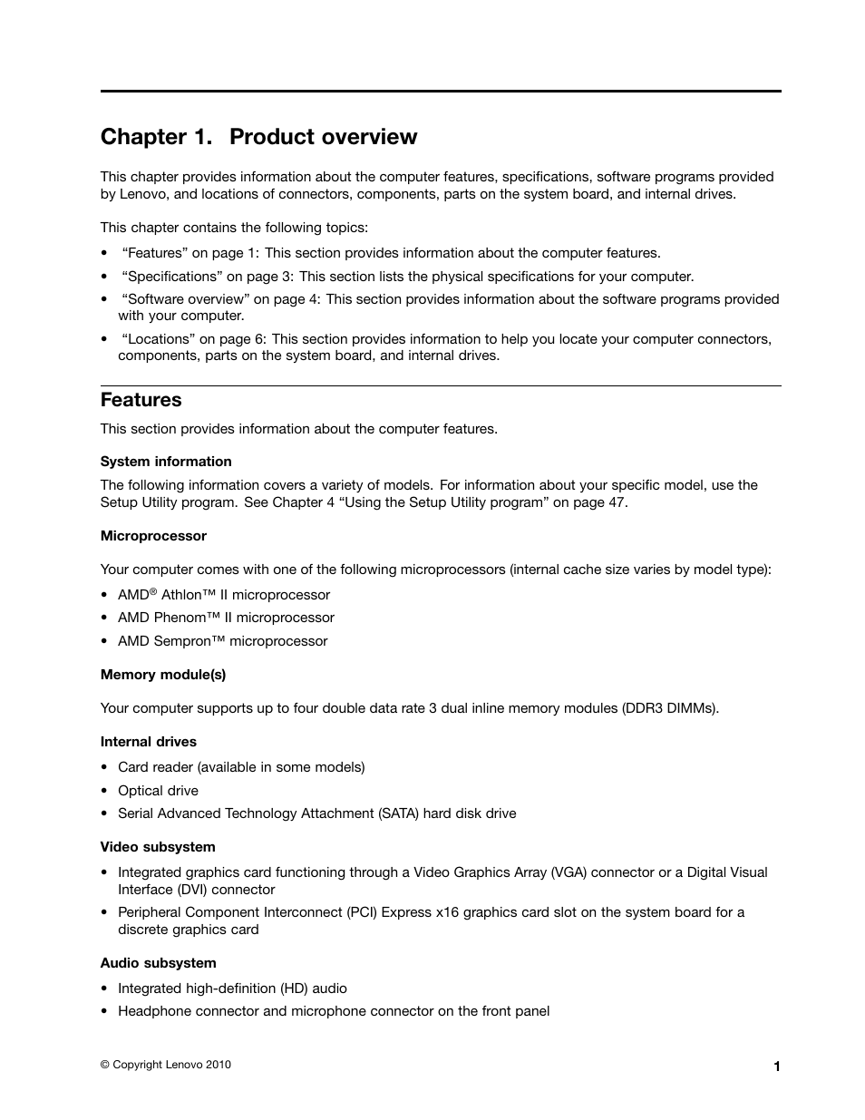 Chapter 1. product overview, Features | Lenovo 4162 User Manual | Page 9 / 78