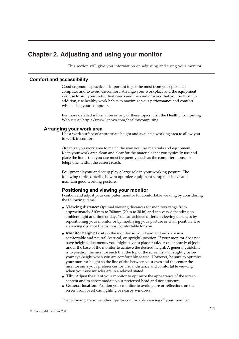 Chapter 2. adusting and using your monitor, Comfort and accessibility, Arranging your work area | Positioning and viewing your monitor, Hapter  !djusting and using your monitor | Lenovo 4424-HB6 User Manual | Page 14 / 34