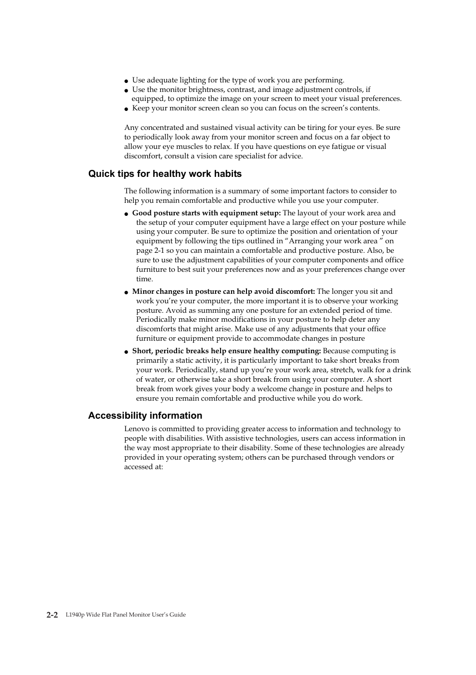 Quick tips for healthy work habits, Accessibility information | Lenovo 4424-HB6 User Manual | Page 15 / 34