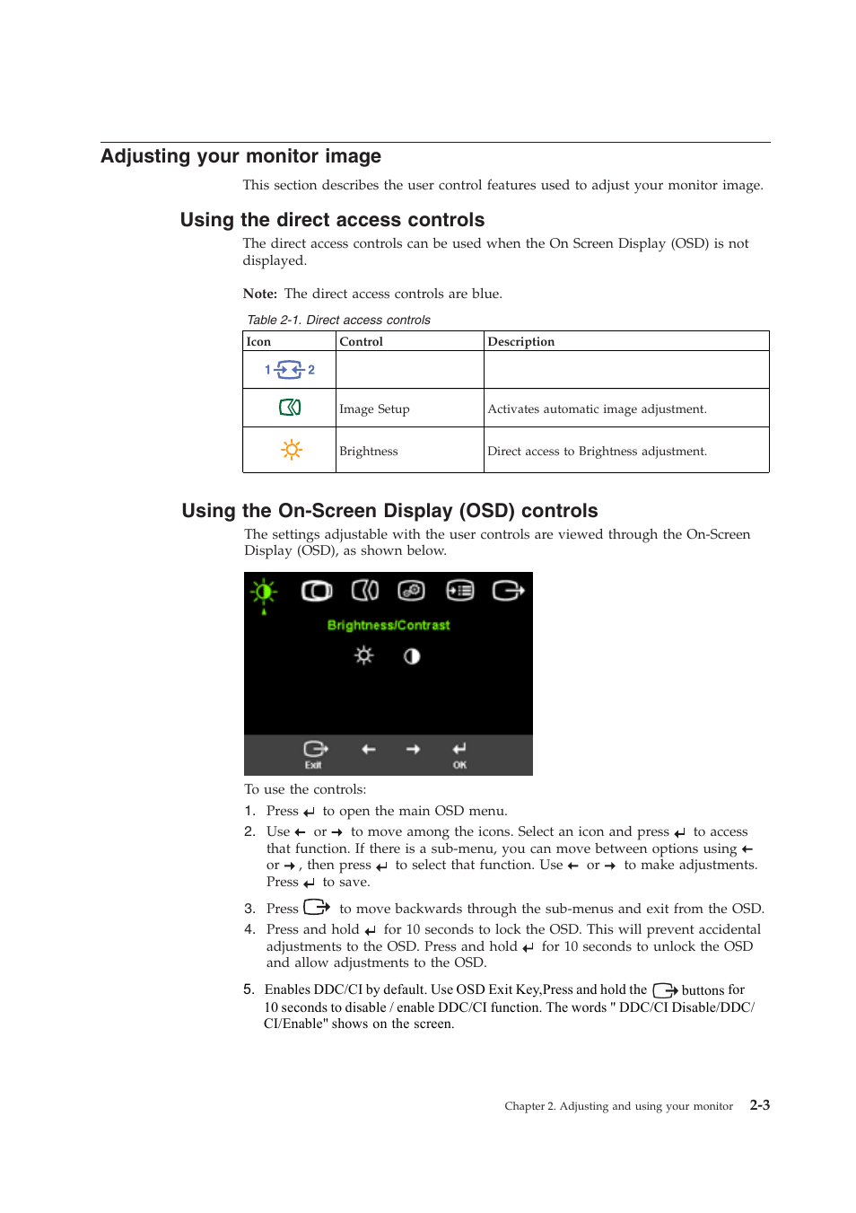 Adjusting your monitor image, Using the direct access controls, Using the on-screen display (osd) controls | Lenovo 4424-HB6 User Manual | Page 16 / 34