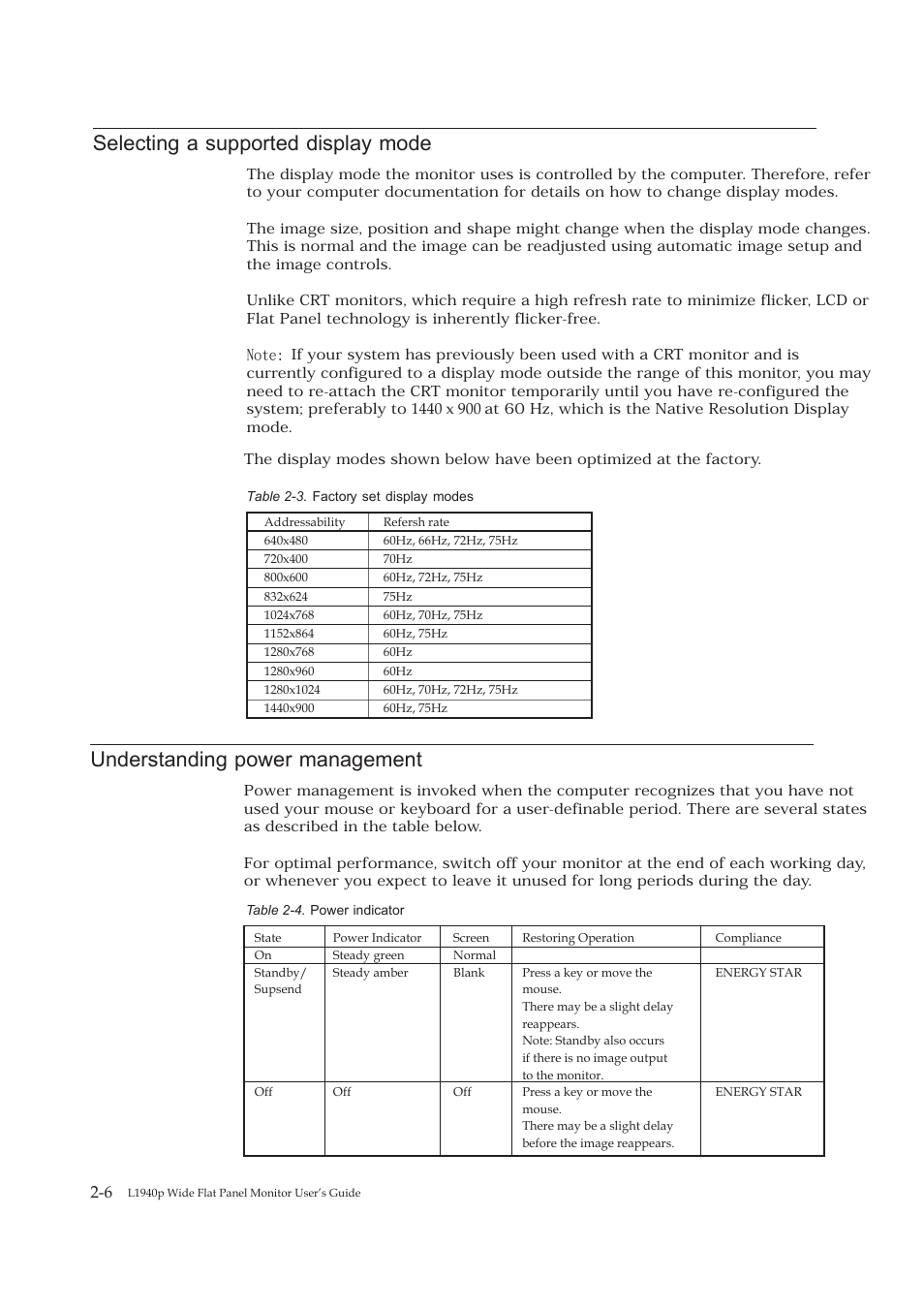 Selecting a supported display mode, Understanding power management | Lenovo 4424-HB6 User Manual | Page 19 / 34