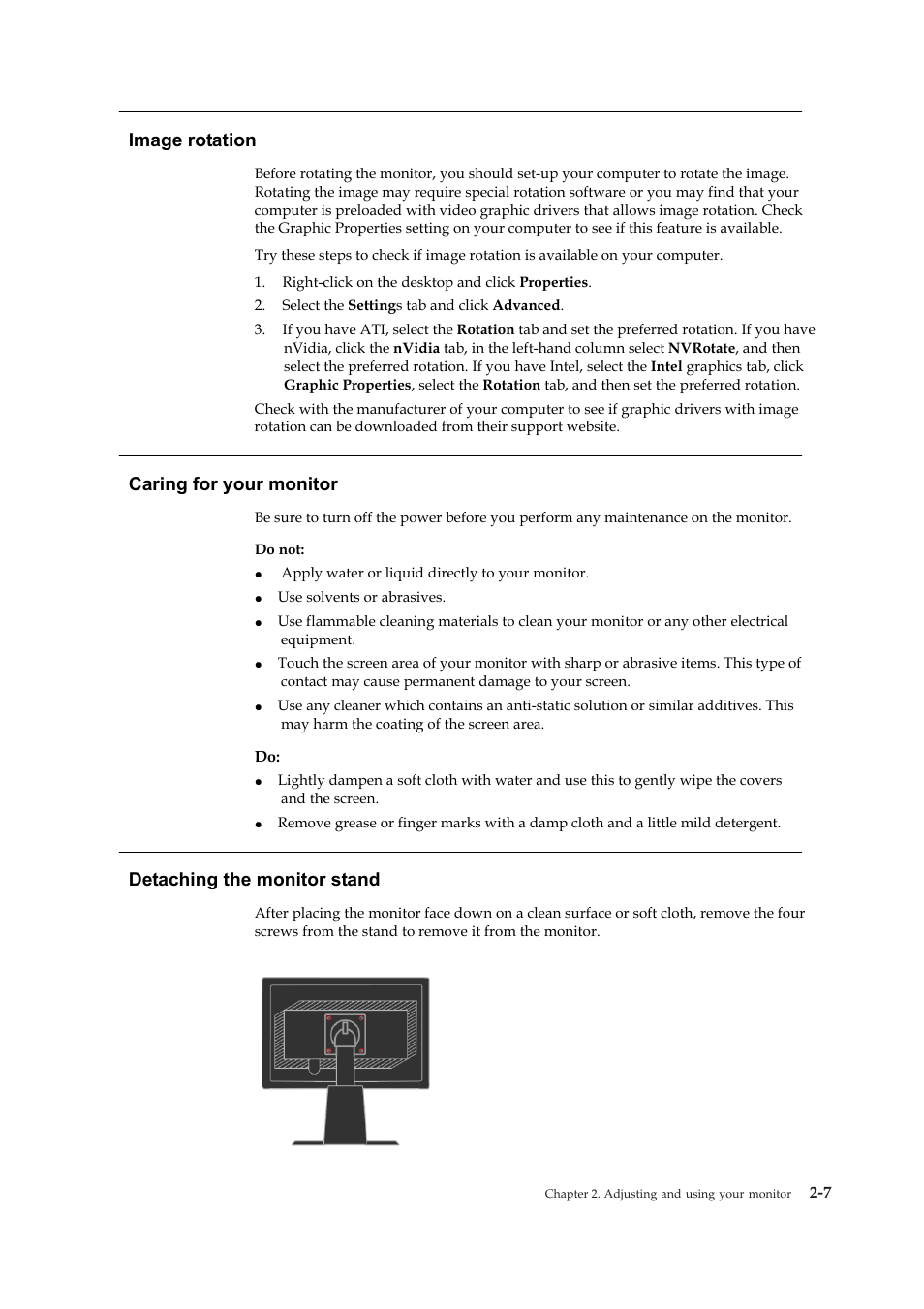 Caring for your monitor, Detaching the monitor stand, Image rotation | Lenovo 4424-HB6 User Manual | Page 20 / 34