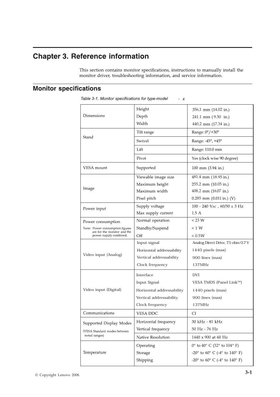 Chapter 3. reference information, Monitor specifcations | Lenovo 4424-HB6 User Manual | Page 21 / 34