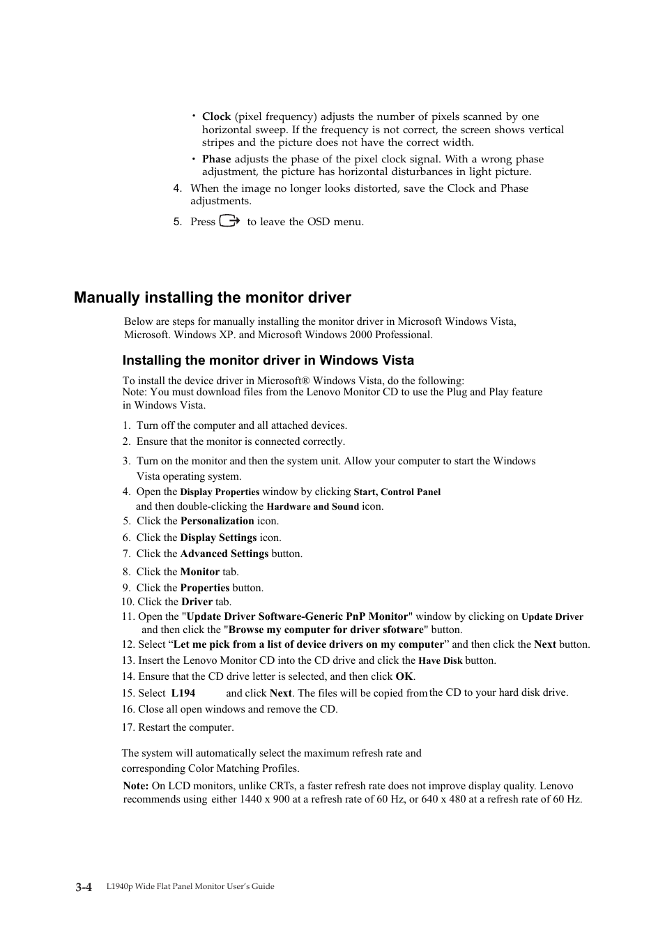 Manual image setup, Manually installing the monitor driver, Installing the monitor driver in windows vista | Lenovo 4424-HB6 User Manual | Page 24 / 34
