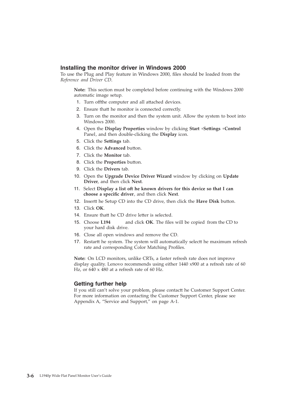 Installing the monitor driver in windows 2000, Getting further help | Lenovo 4424-HB6 User Manual | Page 26 / 34