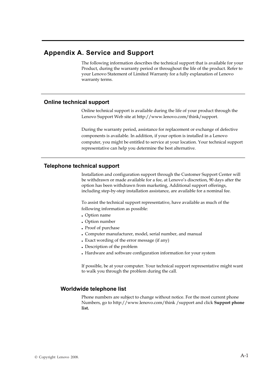 Appendix a. service and support, Online technical support, Telephone technical support | Worldwide telephone list | Lenovo 4424-HB6 User Manual | Page 29 / 34