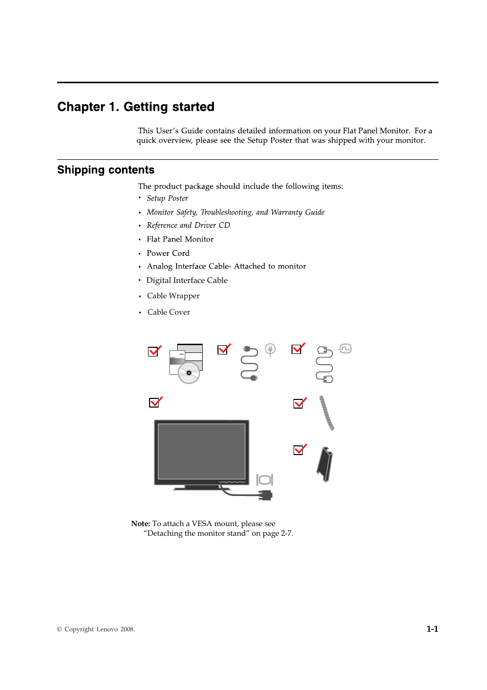 Chapter 1. getting started, Shipping contents, Attaching the base and handling your monitor | Lenovo 4424-HB6 User Manual | Page 6 / 34
