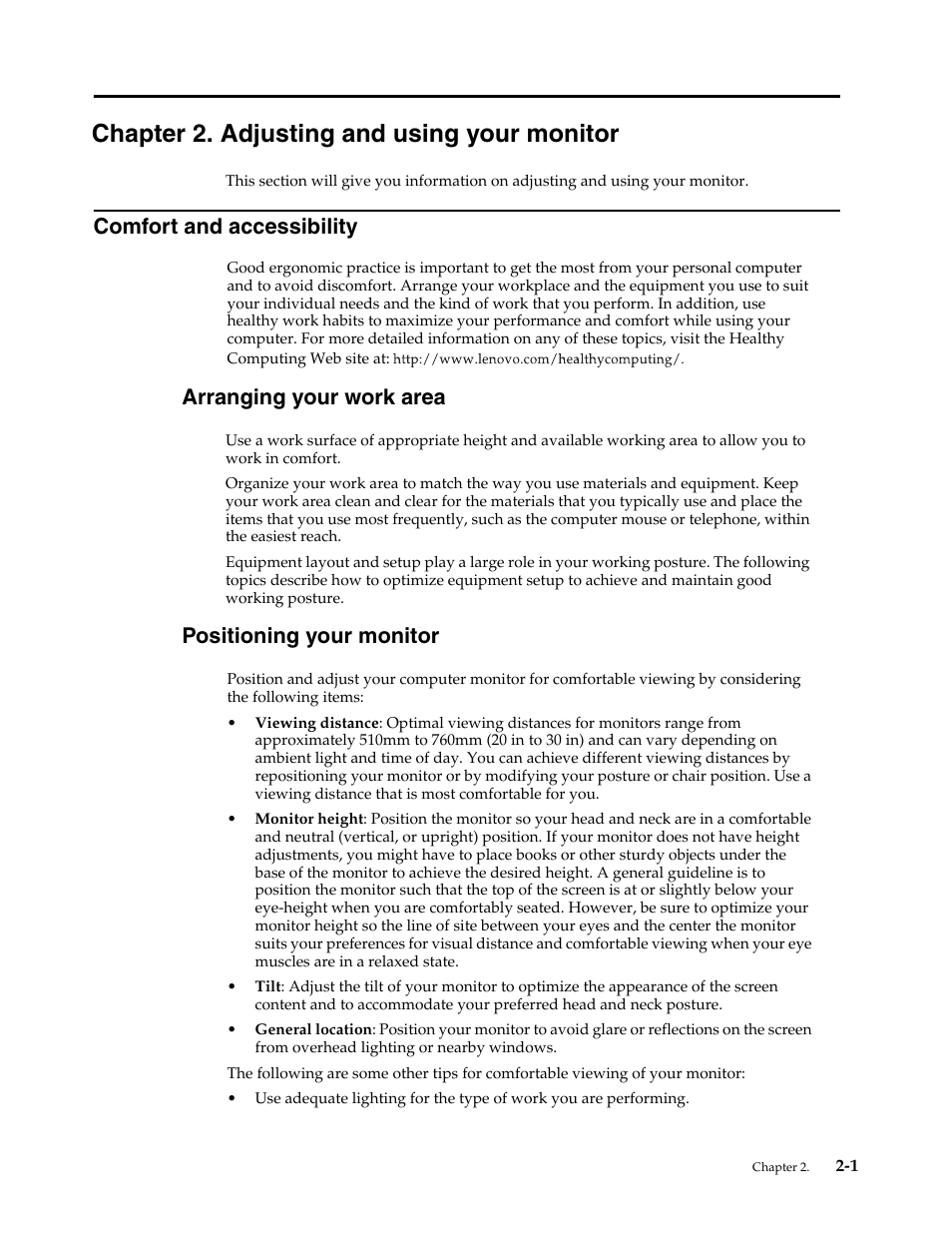 Chapter 2. adjusting and using your monitor, Comfort and accessibility, Arranging your work area | Positioning your monitor, Comfort and accessibility -1, Positioning and viewing your monitor | Lenovo WIDE FLAT PANEL MONITOR L2262 User Manual | Page 11 / 29