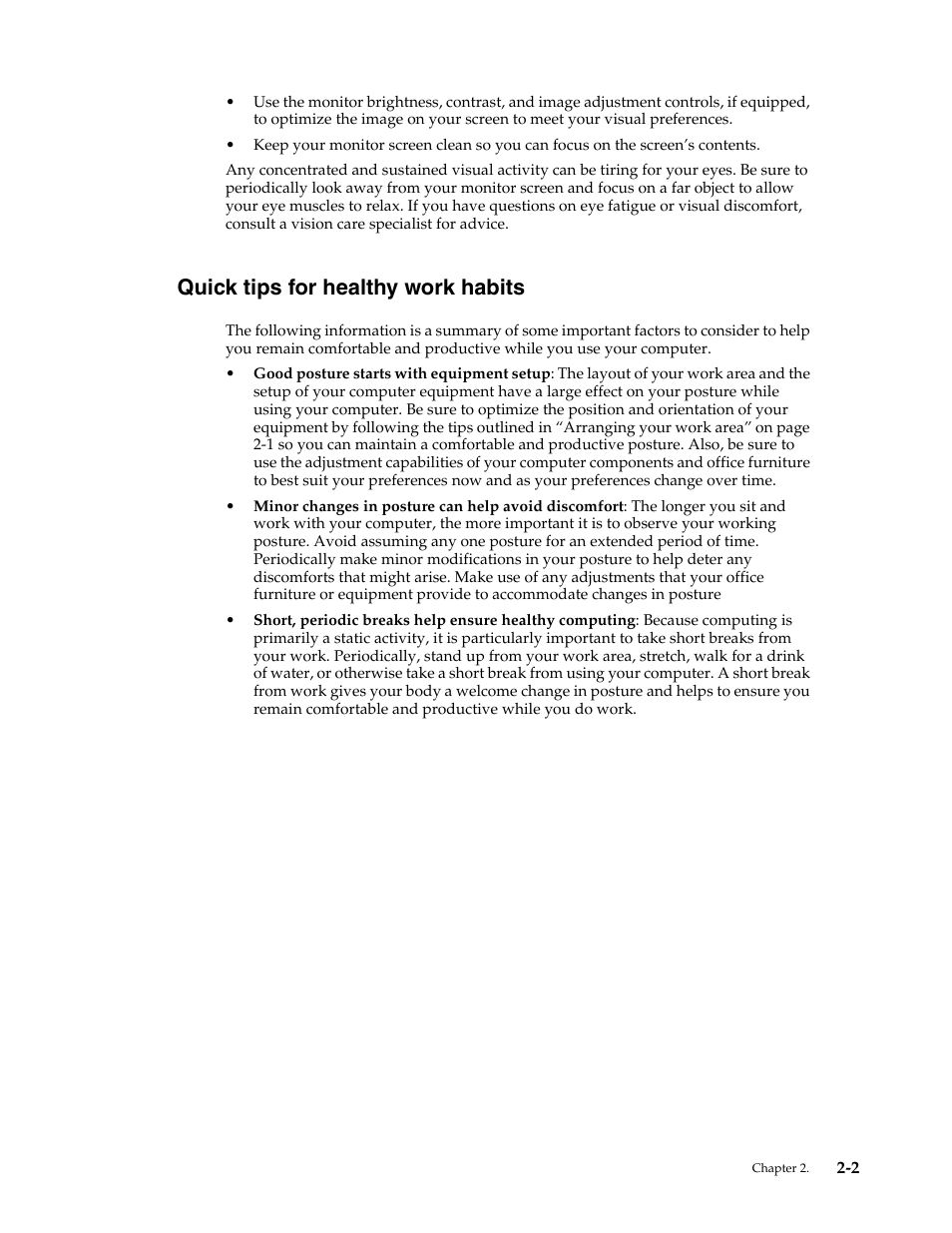 Quick tips for healthy work habits, Quick tips for healthy work habits -2 | Lenovo WIDE FLAT PANEL MONITOR L2262 User Manual | Page 12 / 29