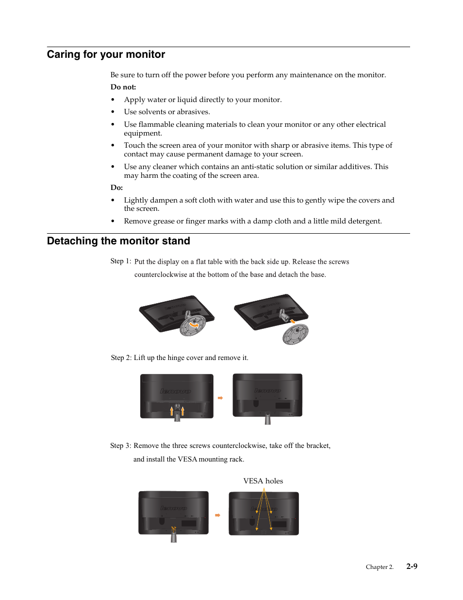 Caring for your monitor, Detaching the monitor stand | Lenovo WIDE FLAT PANEL MONITOR L2262 User Manual | Page 19 / 29