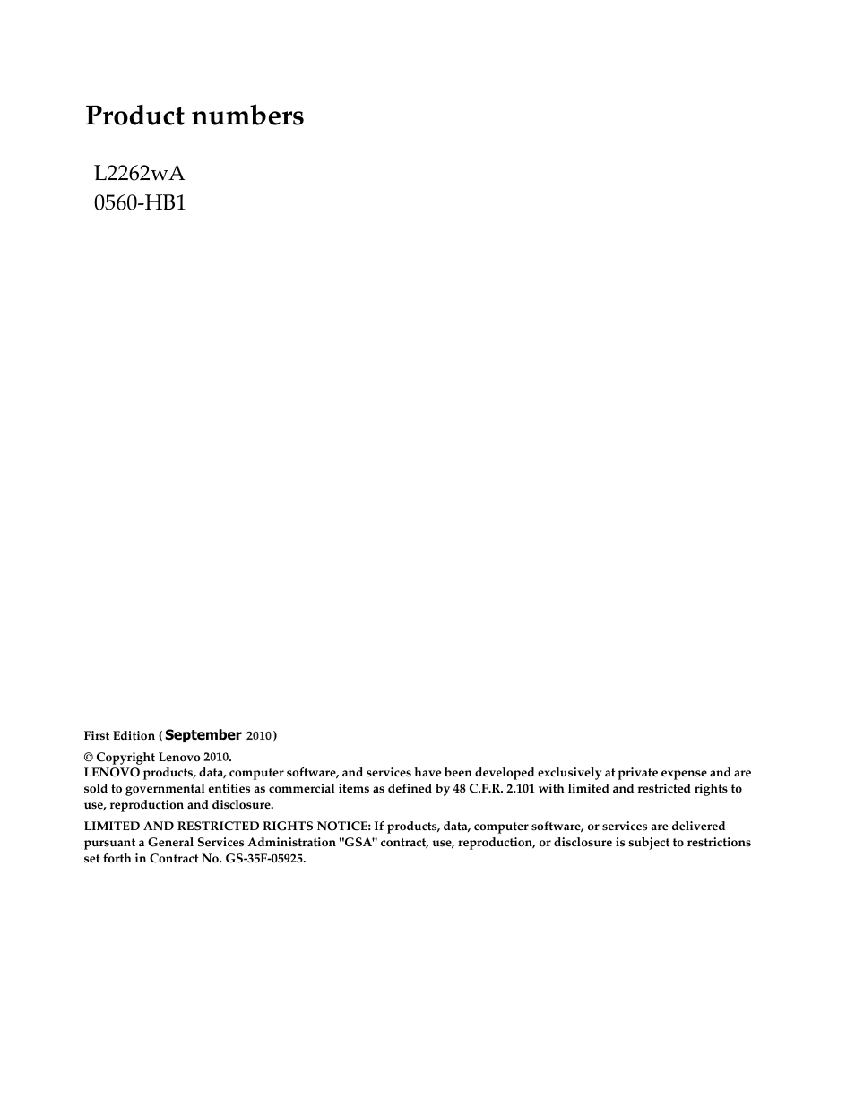 Product numbers | Lenovo WIDE FLAT PANEL MONITOR L2262 User Manual | Page 2 / 29