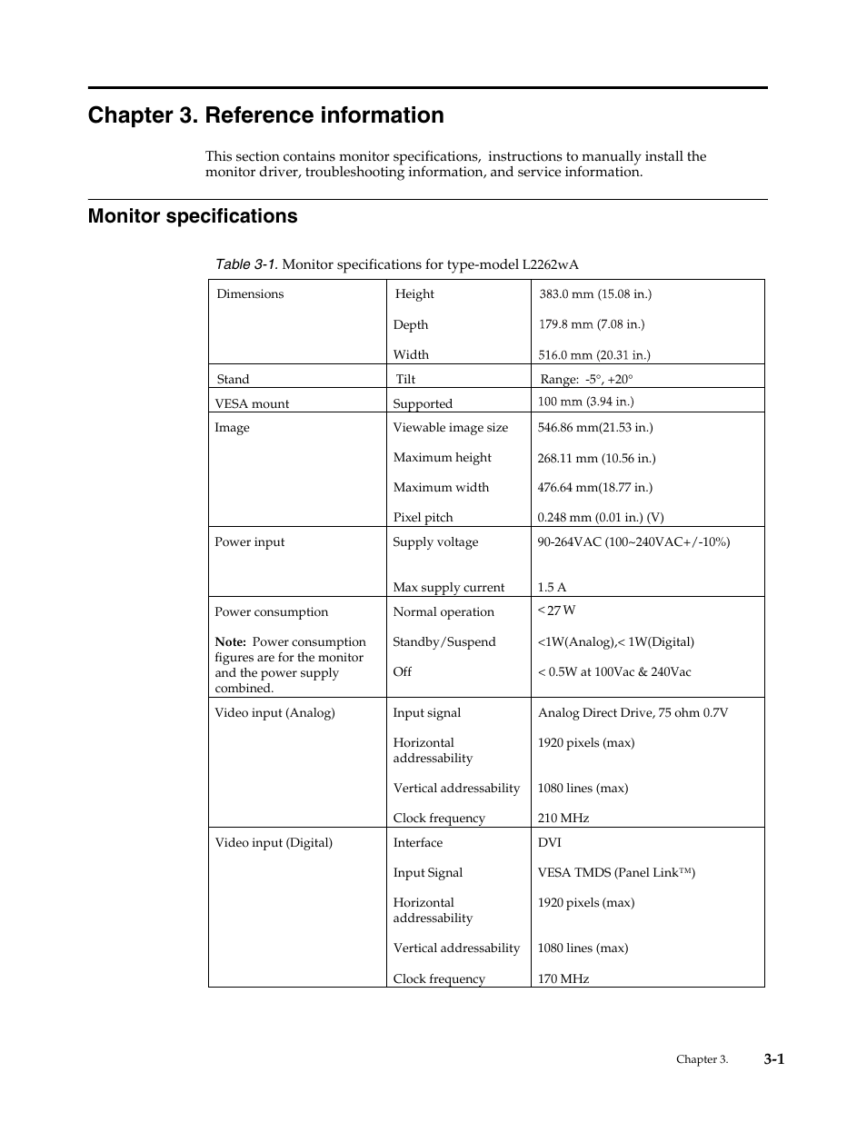 Chapter 3. reference information, Monitor specifications | Lenovo WIDE FLAT PANEL MONITOR L2262 User Manual | Page 20 / 29