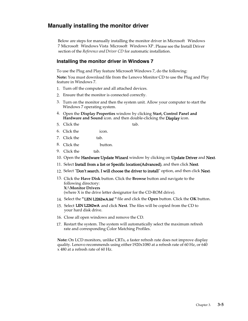 Manually installing the monitor driver, Installing the monitor driver in windows 7 | Lenovo WIDE FLAT PANEL MONITOR L2262 User Manual | Page 24 / 29