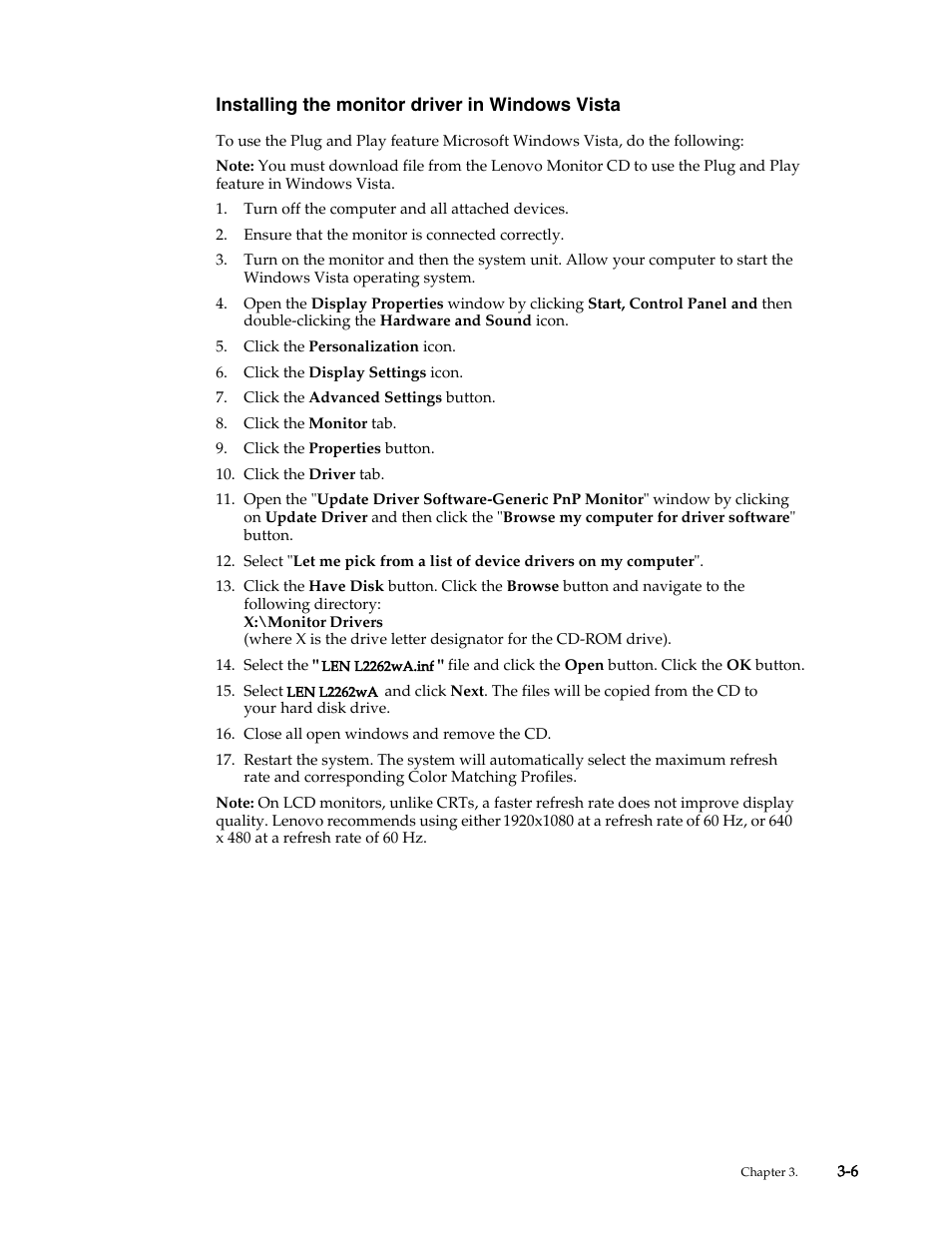 Installing the monitor driver in windows vista | Lenovo WIDE FLAT PANEL MONITOR L2262 User Manual | Page 25 / 29