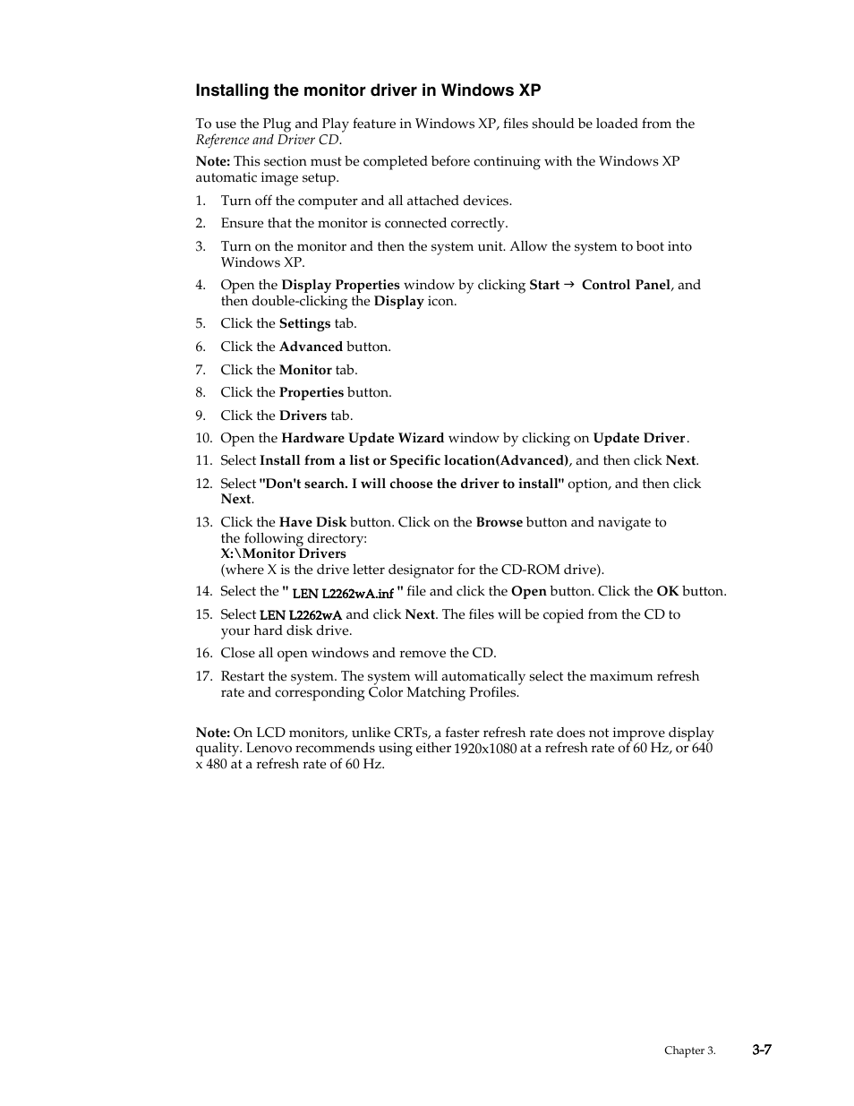 Installing the monitor driver in windows xp | Lenovo WIDE FLAT PANEL MONITOR L2262 User Manual | Page 26 / 29