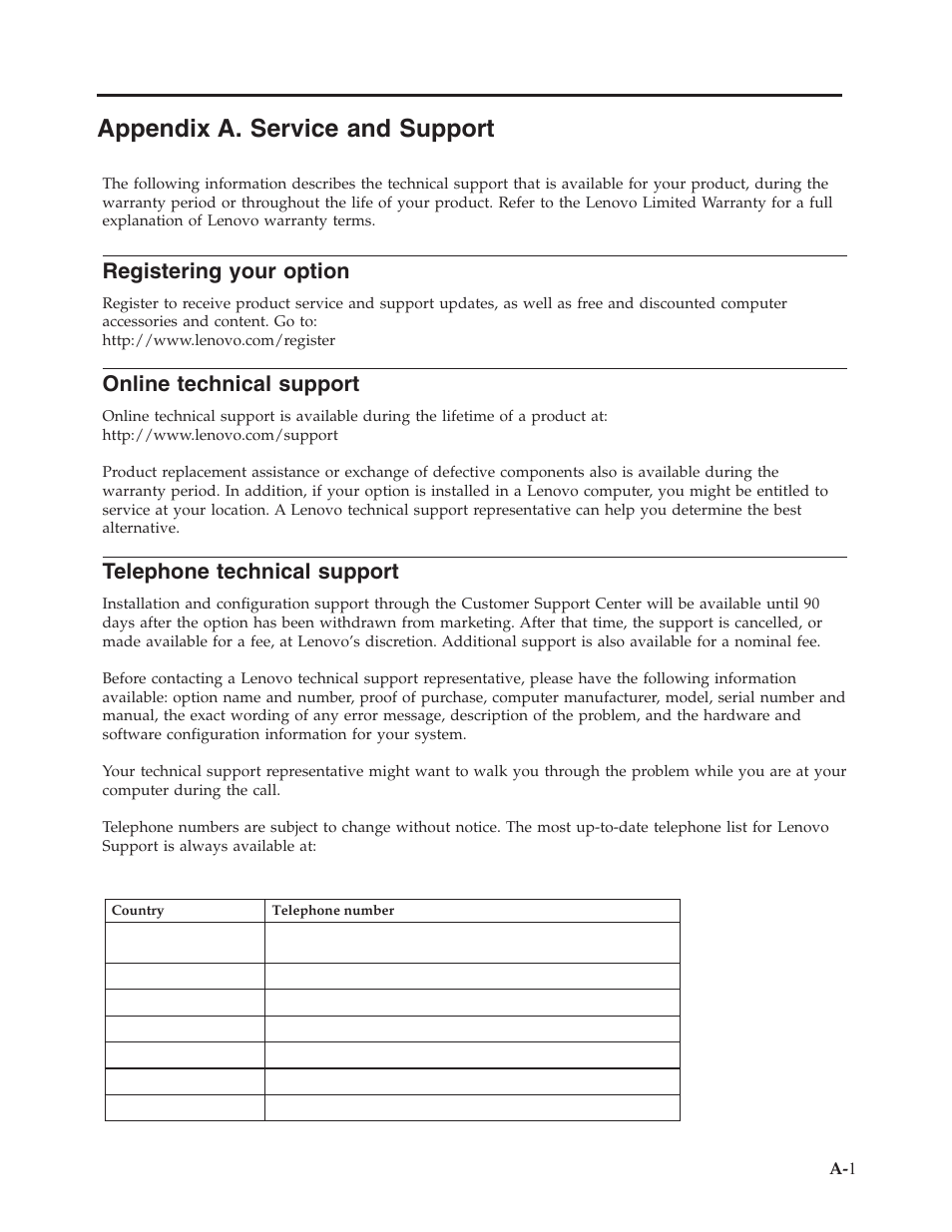 Appendix a. service and support, Online technical support, Registering your option | Appendix, Service, Support, Registering, Your, Option, Online | Lenovo WIDE FLAT PANEL MONITOR L2262 User Manual | Page 27 / 29