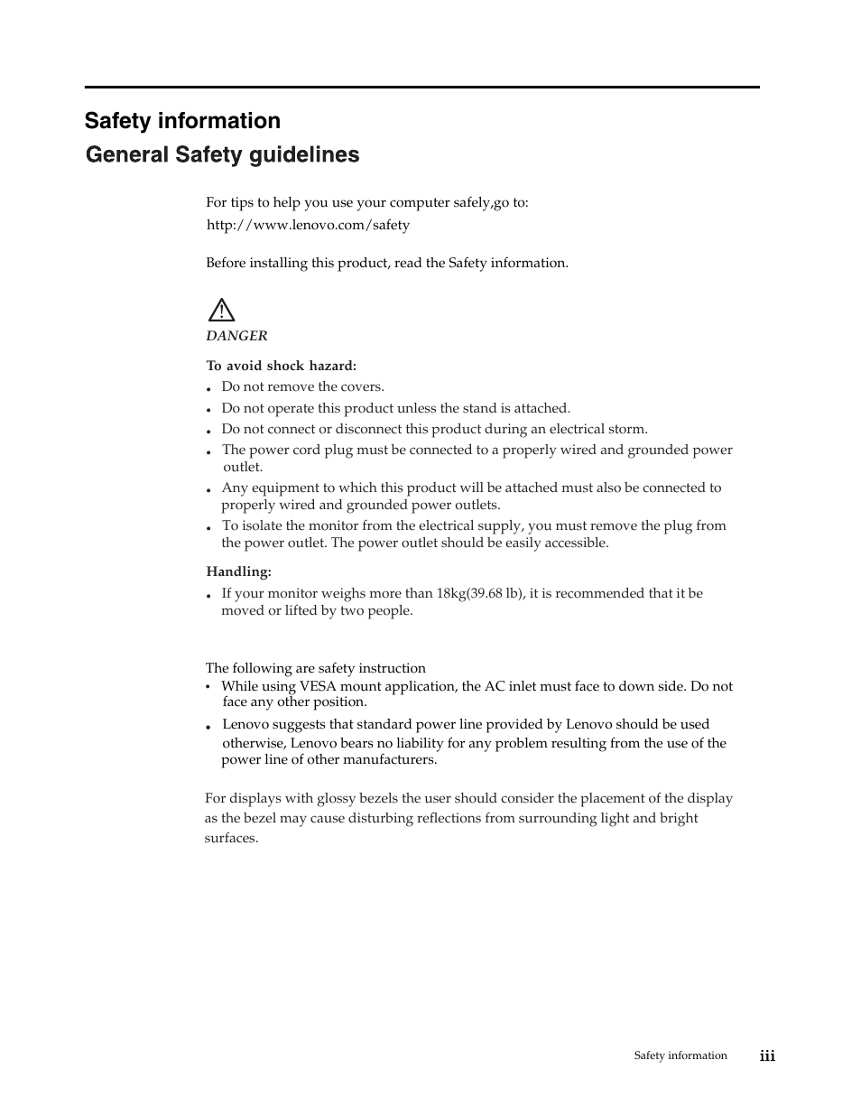 Safety information | Lenovo WIDE FLAT PANEL MONITOR L2262 User Manual | Page 4 / 29