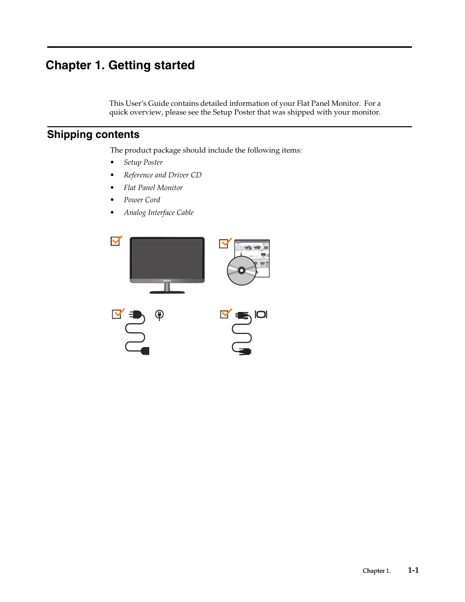 Chapter 1. getting started, Shipping contents, Chapter1. getting started | Shipping contents -1 | Lenovo WIDE FLAT PANEL MONITOR L2262 User Manual | Page 5 / 29