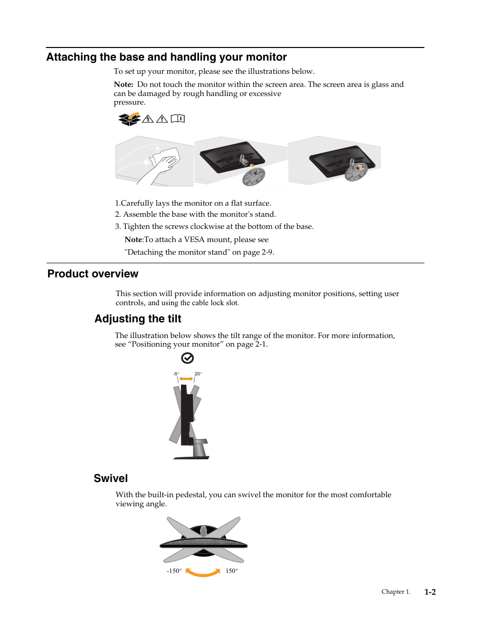 Attaching the base and handling your monitor, Product overview, Adjusting the tilt | Swivel, Monitor controls, Adujusting the tilt | Lenovo WIDE FLAT PANEL MONITOR L2262 User Manual | Page 6 / 29