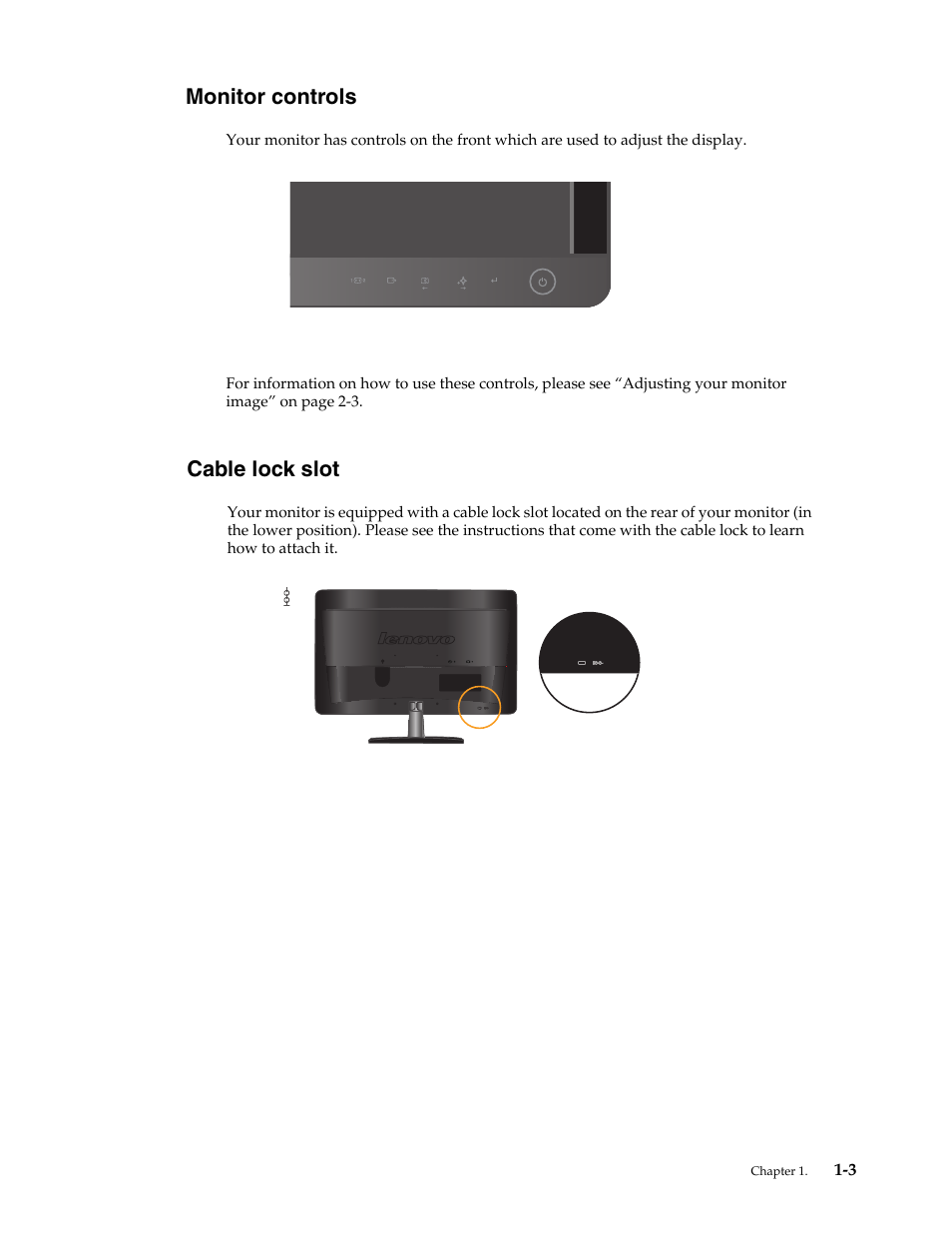 Cable lock slot, Monitor controls | Lenovo WIDE FLAT PANEL MONITOR L2262 User Manual | Page 7 / 29
