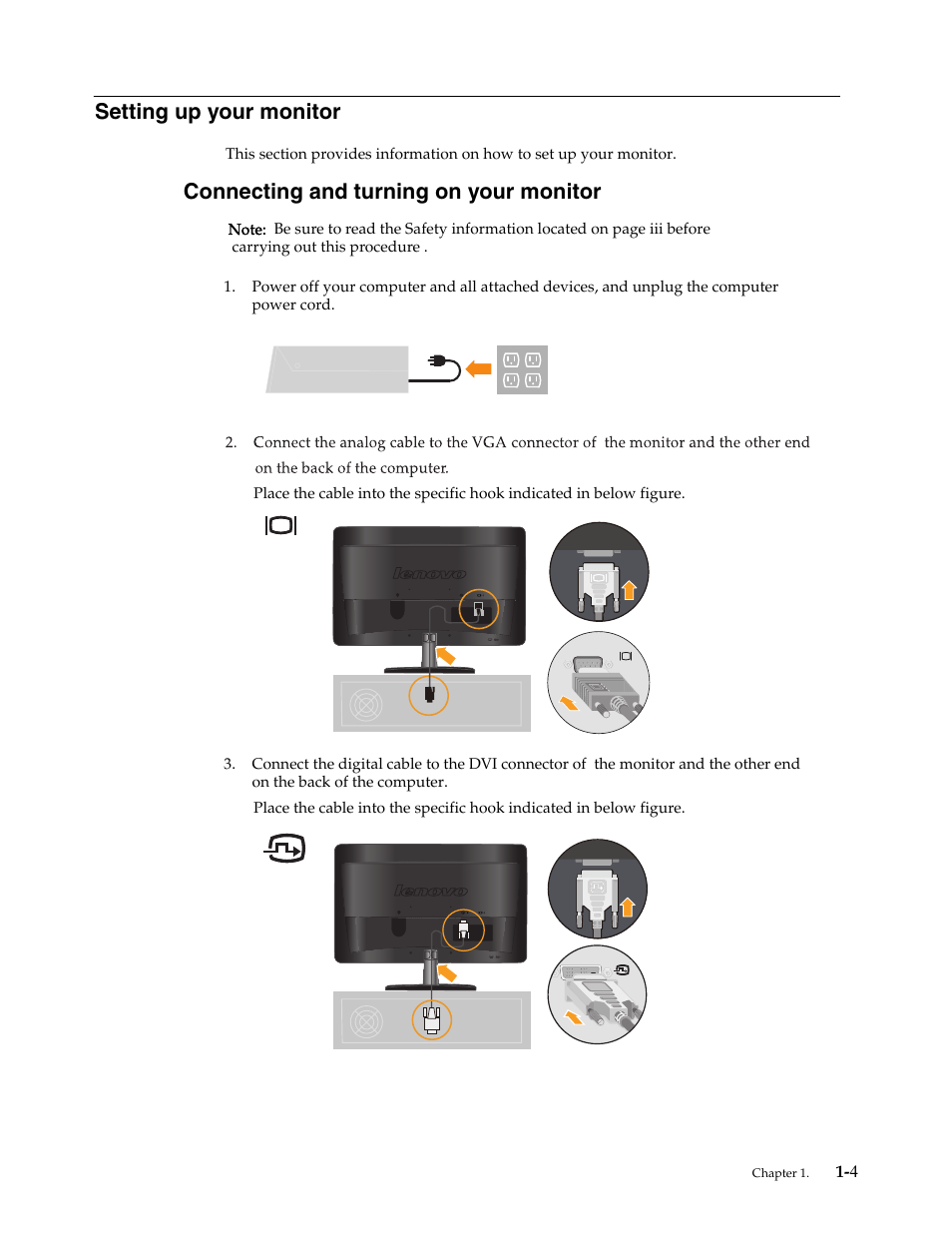 Setting up your monitor, Connecting and turning on your monitor | Lenovo WIDE FLAT PANEL MONITOR L2262 User Manual | Page 8 / 29