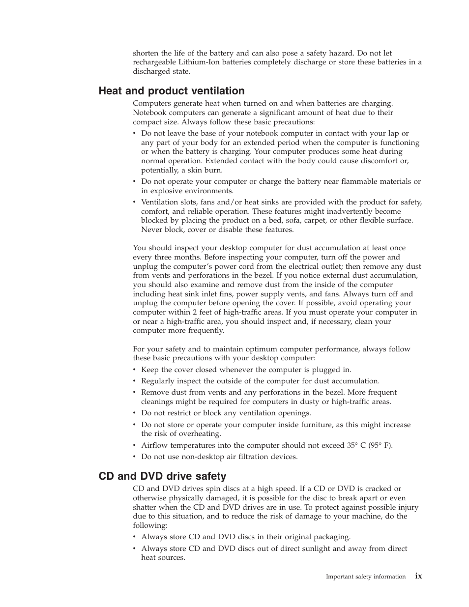 Heat and product ventilation, Cd and dvd drive safety, Heat | Product, Ventilation, Drive, Safety | Lenovo 8795 User Manual | Page 11 / 86