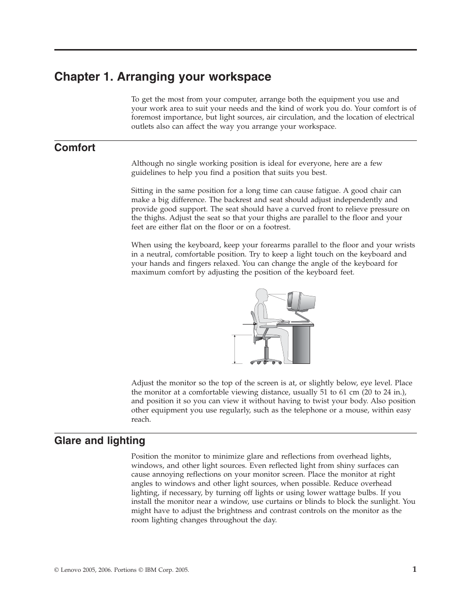 Chapter 1. arranging your workspace, Comfort, Glare and lighting | Chapter, Arranging, Your, Workspace, Glare, Lighting | Lenovo 8795 User Manual | Page 17 / 86