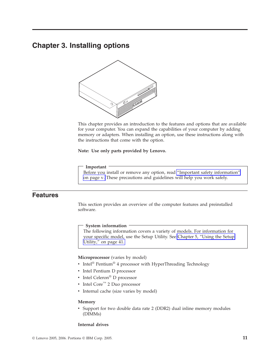 Chapter 3. installing options, Features, Chapter | Installing, Options | Lenovo 8795 User Manual | Page 27 / 86