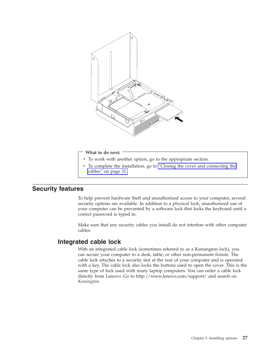 Security features, Integrated cable lock, Security | Features, Integrated, Cable, Lock | Lenovo 8795 User Manual | Page 43 / 86
