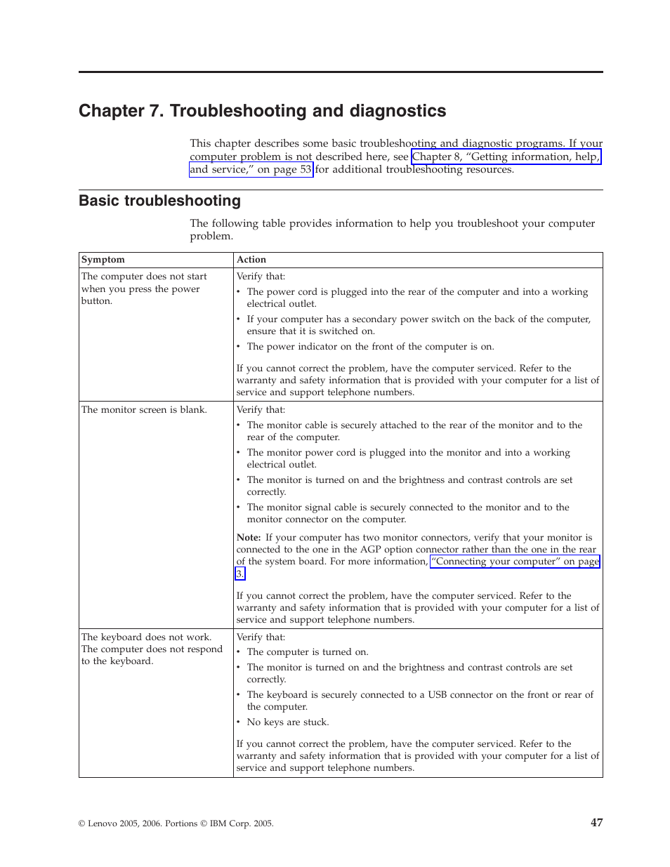 Chapter 7. troubleshooting and diagnostics, Basic troubleshooting, Chapter | Troubleshooting, Diagnostics, Basic | Lenovo 8795 User Manual | Page 63 / 86